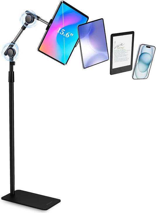SHUWEI Tablet Floor Stand with Double Self-Locking Worm Gears, 63”Height Adjustable iPad Floor Stand with 7.5lb Stable Base, Compatible with 4.7-15.6'' iPad, Kindle, Phone, Portable Monitor, Black