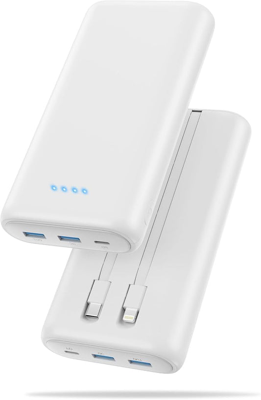 Portable Charger Power Bank 40,800mAh 25W Fast Charging USB C Portable Charger with 2 Built in Cables,5 Outputs & QC 4.0 Quick Phone Charging Battery Pack Compatible with iPhone 16/15/Android (White)
