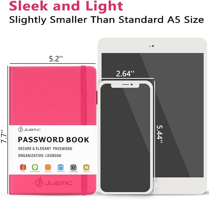 JUBTIC Password Book with Alphabetical Tabs. Medium Size Password Keeper Logbook for Internet Log in, Website Address. Hardcover Password Journal Notebook & Organizer for Home Office, Hot Pink