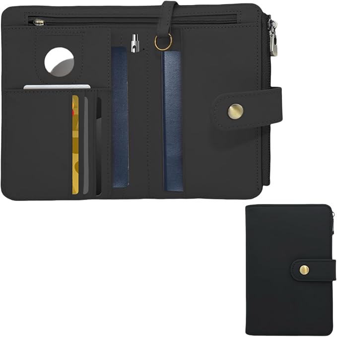 Full Grain Leather Passport Wallet, RFID Blocking Passport Holder with Tracker Slot, Multi Compartment Travel Wallet for Women & Men, Secure Passport Cover Case for Airport Essentials (Black)