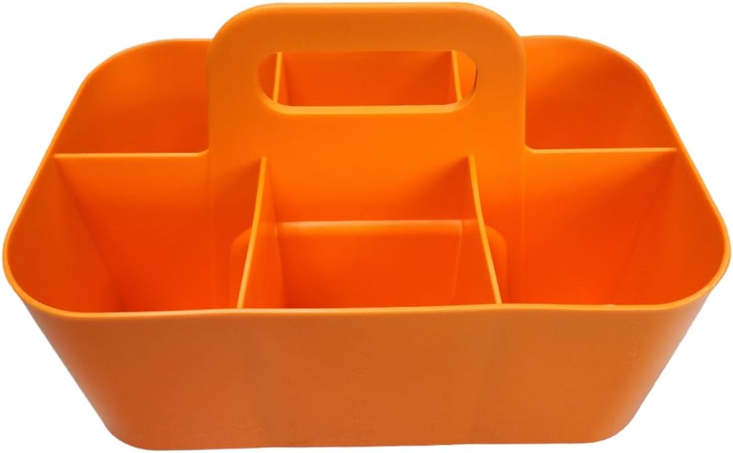Small Stackable Plastic Caddy with Handle 6 Compartment | Desk, Makeup, Dorm Caddy, Classroom Art Organizers - 4 Pack, Made In USA (Orange)