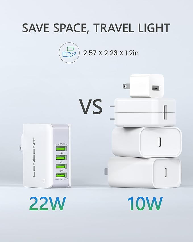LENCENT Multiple USB Wall Charger, [22W/4.4A] 4 Port USB Travel Power Adapter, All in One Worldwide Cell Phone Charger With UK US EU European Australia, International Block Cube Plug for iPhone & IPad