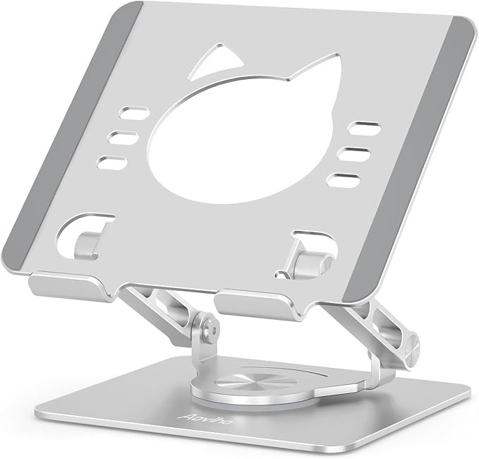 Tablet Stand 360° Rotating Aluminum Holder, Adjustable, Portable and Foldable Monitors Stand for iPads, Compatible with 4-12.9" Tablets, Silver
