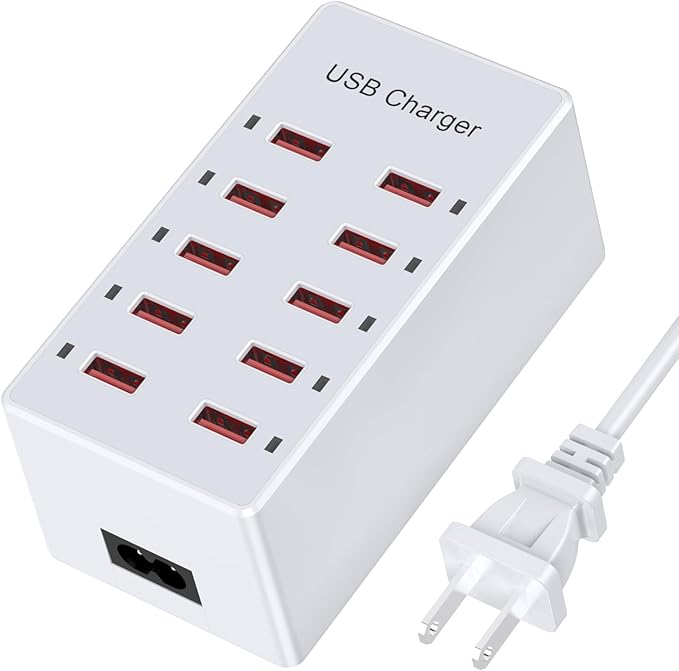 Cell Phone Wall Charger USB Charging Station for Multiple Devices 10 Ports Power Strip Charging Hub Smart Plug Charge Block Dock for iPhone 15/14/13/iPad iPod Galaxy Watches Android Phones