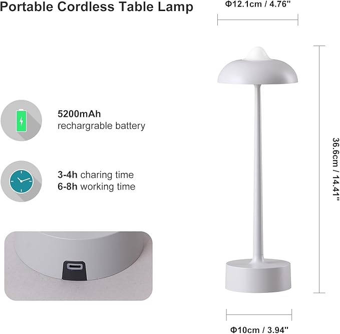 DAWALIGHT Rechargeable Lamps, Cordless Lamp with 5200mAh Battery Operated Lights,3 Color Stepless Dimming up Outdoor Table Lamp for Restaurant, Home, Bedroom, IP44 Waterproof, Aluminium,Grey