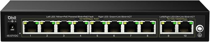 DBIT Unmanaged 10-Port PoE Network Switch, 8* 10/100Mbps PoE+ Ports, 2 Gigabit Uplink Ports, 802.3af/at, Desktop/Wall-Mount, Plug & Play, Support Extend/VLAN Mode, Metal Case Fanless, 130W (WS1082A)