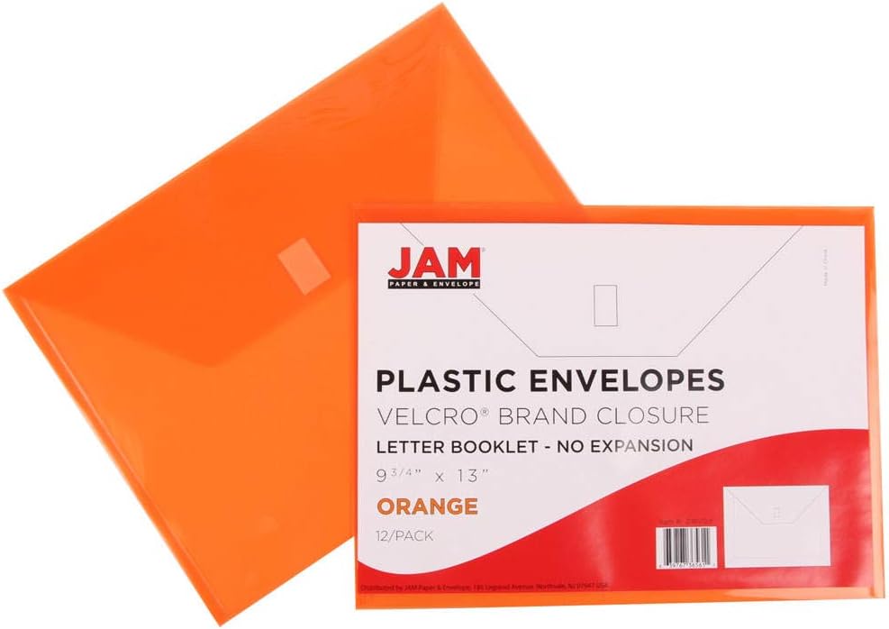 JAM PAPER Plastic Envelopes with Hook & Loop Closure - Letter Booklet - 9 3/4 x 13 - Orange - 12/Pack