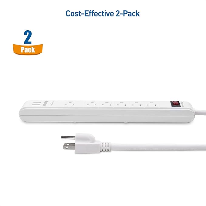 [ETL Listed] Cable Matters 2-Pack 6-Outlet Surge Protector Power Strip with USB Ports - 8ft, Long Extension Cord, Surge Protector with USB Ports, White