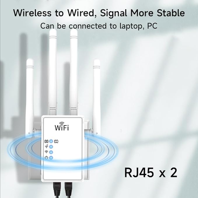 WiFi Extender WiFi Repeater 1200Mbps (AC1200) Dual Bands Signal Booster for 5000 sq.ft and 68 Devices, Big External Antenna x 4, RJ45 Port x 2, WiFi Range Amplifier, Easy 1-tap Setup