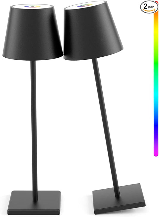 2 Pack LED Cordless Table Lamp with RGB & Stepless Dimming Rechargeable Battery Desk lamp 3W 5500mAh Battery Operated with Modern Portable Table Light for Indoor/Outdoor IP54 Waterproof (Black)
