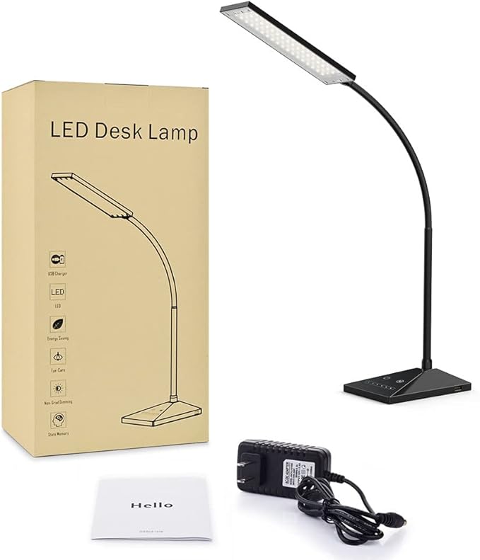 Vansuny LED Desk Lamp with USB Charging Port, Eye-Caring, 5 Color Modes,6 Brightness Levels, Touch Control, Flexible Gooseneck, Memory Function for Dorm Office Work Bedroom (12W,Black)