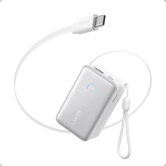 Anker Nano Portable Charger, 10,000mAh 45W Max Compact Power Bank, Travel Essential Phone Battery Pack with 2.3 ft InstaCord Retractable Cable for iPhone 17/16 Series, iPad, Galaxy, Pixel, and More