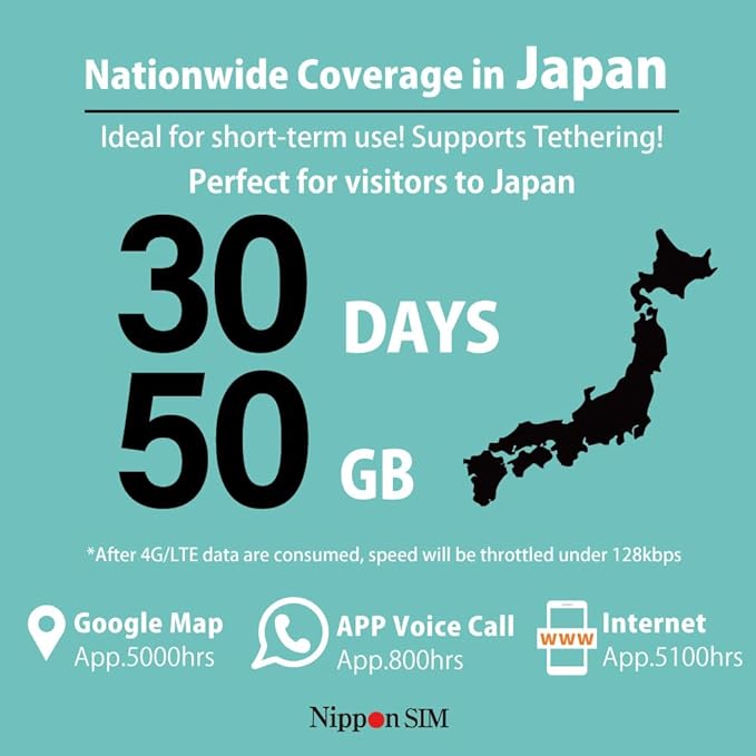 [eSIM] Japan eSIM 30 Days Data Only SIM | 50GB High-Speed 4G LTE + Unlimited Data at Reduced Speed | No Roaming Needed for Faster, Safer Access | Hotspot tethering Supported | Docomo | Made in Japan