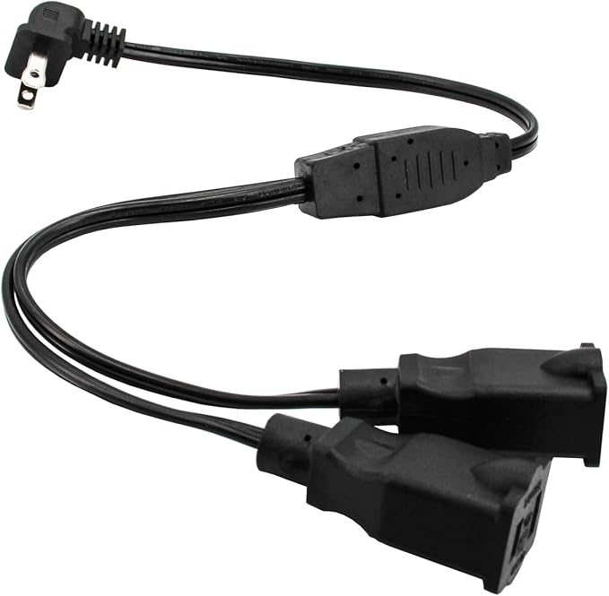 3FT Extension Cord Splitter- 2 Way Outlet Splitter Extension Cords 2 Prong with Right Angle Plug,Thin Design for Indoor/Outdoor Use, Christmas Lights & Home Appliances,Black