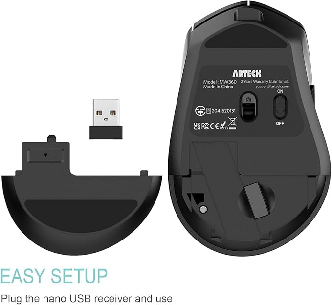Arteck 2.4G Wireless Mouse with Nano USB Receiver Ergonomic Right Hand Silent Clicking with Backward & Forward for Computer/Desktop/PC/Laptop and Windows 10/8/7 Build in Rechargeable Battery