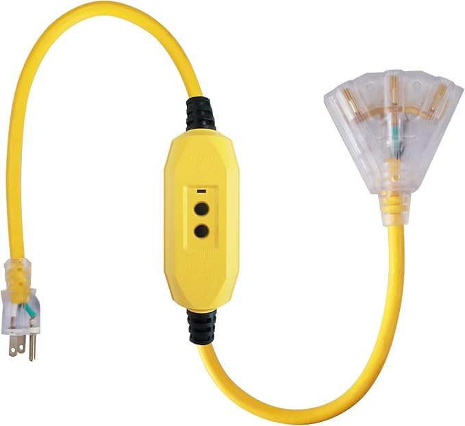 EP 3 Ft Lighted GFCI Extension Cord with 3 Electrical Power Outlets - 12/3 SJTW Heavy Duty Yellow Pigtail Extension Cable with 3 Prong Grounded Plug for Safety, UL Listed