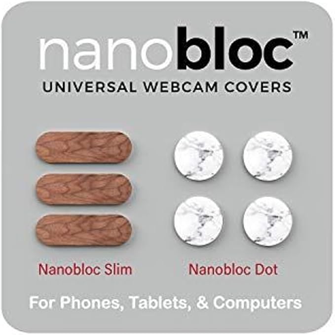 Nanobloc Universal Webcam Covers - Privacy Protection Accessory, No Residue Application - Dots and Bars, 7 Pieces - Wood Marble - Sustainable Laptop Webcam Cover - Camera Privacy Stickers