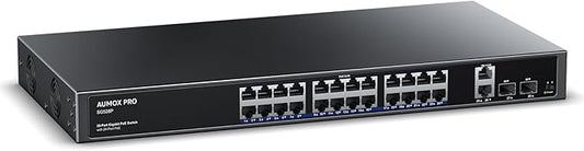24 Port Gigabit PoE Switch,AUMOX PRO 28 Port PoE with 2 x Uplink Gigabit Ports, 2 x 1G SFP Slots 400W SG528P ,Plug and Play,Metal Case Desktop, Wall Mount or Rackmount Network Switch,802.3af/at