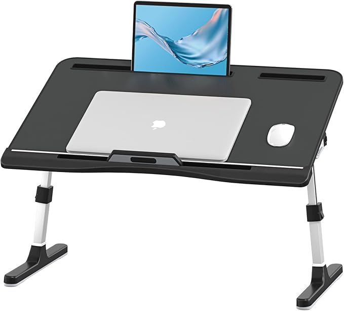 Laptop Bed Tray Desk with Adjustable Heights and Angles, Upgraded-Sturdy Foldable Lap Desk for Bed/Couch/Floor (NO Drawer, Black)