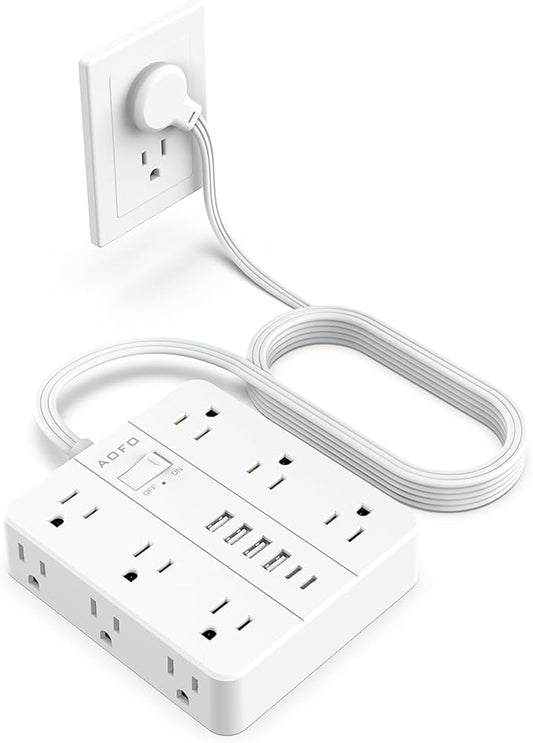10FT Surge Protector Power Strip,12 AC Outlets with 6 USB Ports (2 USB-C), Flat Plug Extension Cord with Multiple Outlets, Wall Mount for Home Office,Dorm,White