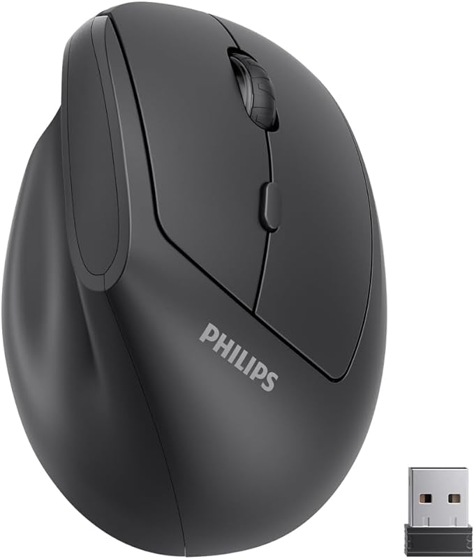 PHILIPS Ergonomic Mouse - Vertical Mouse with 800/1200/1600 Adjustable DPI, 6 Silent Buttons Design for S/M Hands, Auto Power Saving,Light Weight, 2.4GHz Wireless Mouse for Laptop, Desktop, PC-Black