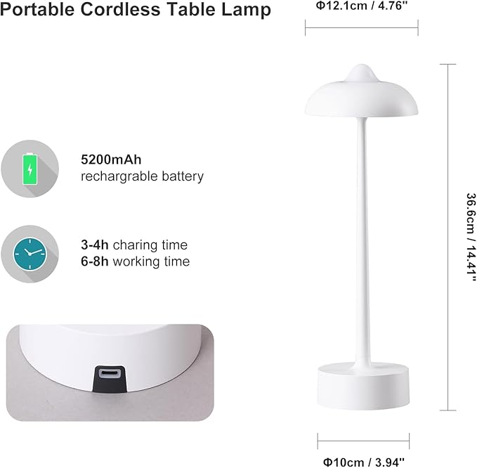 DAWALIGHT Cordless LED Table lamp,5200mAh Outdoor Battery Operated Table Lamp Waterproof,3 Level Stepless Dimming 2700K/4000K/6500K Rechargeable Battery Desk Lamp,Aluminium,White