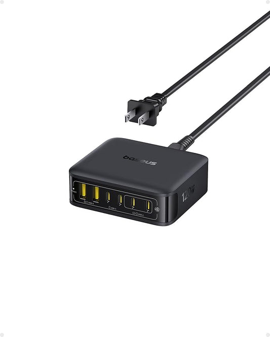 Baseus Charging Station 120W, 6-in-1 USB-C PD Fast Charging Desktop Charger with 5ft Extension Cord, 4 USB C, 2 USB A Ports, Travel Power Strip for iPhone 17/16, iPad Pro, MacBook Pro, Tablet and More