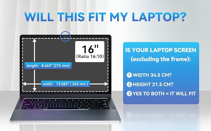 Yamaya 16 Inch Laptop Privacy Screen, Removable 16:10 Aspect Privacy Filter Screen Protector