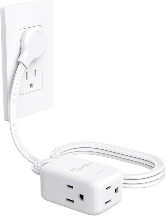 Flat Extension Cord 6ft, ETL Listed, NUTICT Indoor 3 Prong Cord Extension, 900J Surge Protector, 13A/1625W, Left Angle Flat Wall Plug, 3 Way Small Outlet Extender for Kitchen Home Office, White
