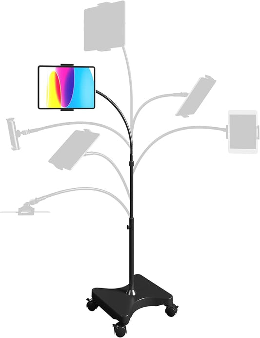 LEVO Adjustable Height Floor Stand on Wheels - Black with Casters - Tablet & Phone Holder with Gooseneck Mount, Stable Base - Compatible with All Cell Phones & Tablets (4-13 inch)