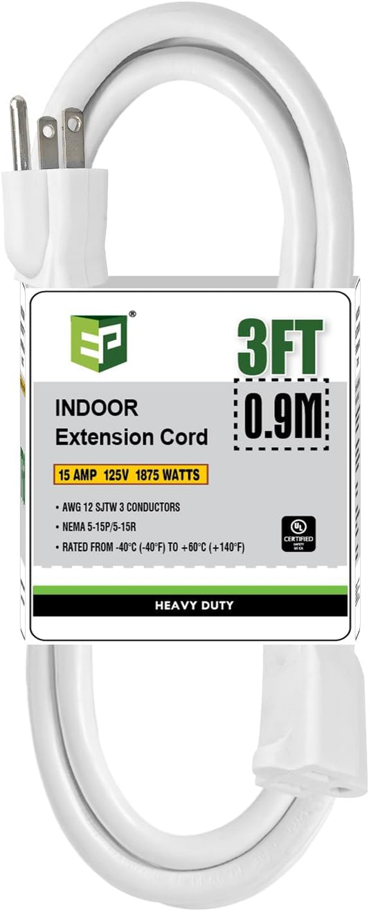 EP 3 Ft Indoor Extension Cord, 12/3 SJTW Heavy Duty Extension Cable with 3 Prong Grounded Plug, 15 AMP Power Cord for Lawn, Garden, Appliances, White
