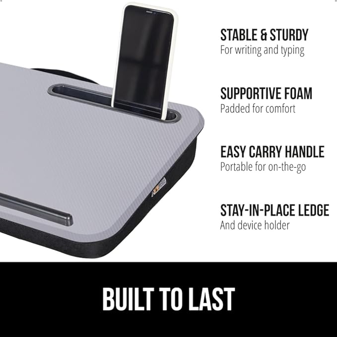 GORILLA GRIP Laptop Lap Desk with Phone Holder, Pillow Cushion Desks Fit Laptops up to 15.6", Tray Ledge Keep Computers in Place, Portable Travel Workstation Essentials for Home, Dorm Room, Gray