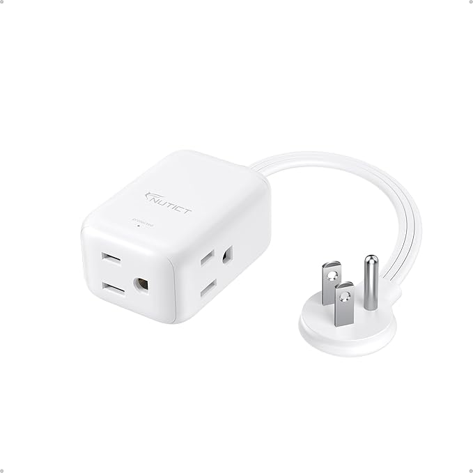 Flat Extension Cord Short 1.5ft, ETL Listed, NUTICT 3 Prong Indoor Extension Cord with 900J Surge Protector, 13A/1625W, Left Angle Flat Wall Plug, Small Outlet Extender for Kitchen Bathroom, White