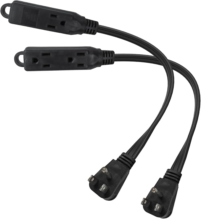 EP 1 Ft 3 Outlet Extension Cord with Flat Plug, 3 Prong Grounded, 16/3 SPT-3 Power Cable for Indoor Use, Black, 2 Pack