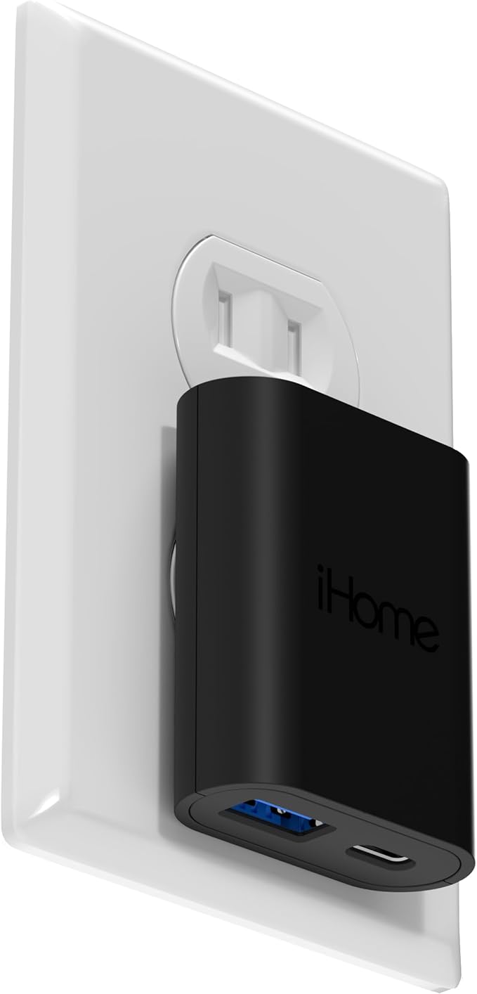 iHome USB C Charger: AC Pro 20W Multiport (1 USB-C Port, 1 USB-A Port), Flat USB Block, Dual Port USB Plug Adapter & Phone Charging Block