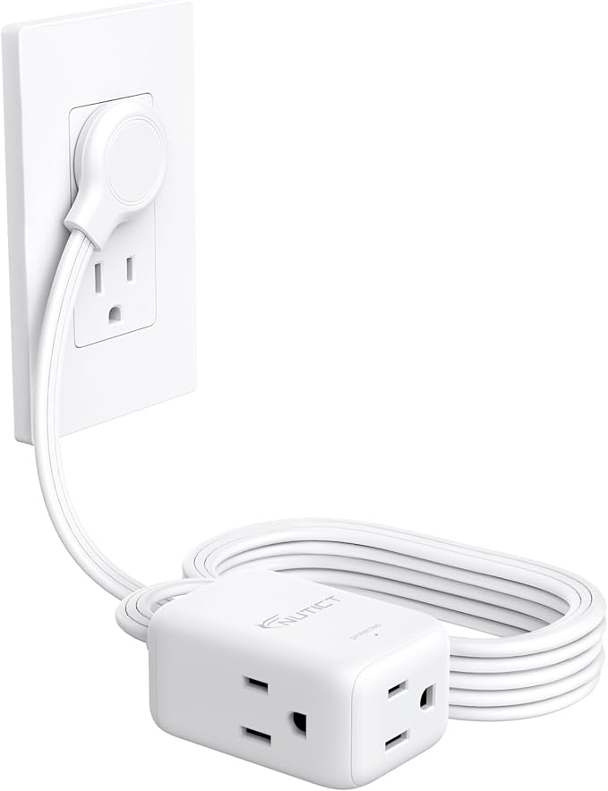 Extension Cord Flat Wall Plug 10ft, ETL Listed, NUTICT Indoor 3 Prong Long Cord Extension, 900J Surge Protector, 13A/1625W, Ultra-Thin Low Profile Left Angle Flat Plug, Behind Bed Sofa Dresser, White