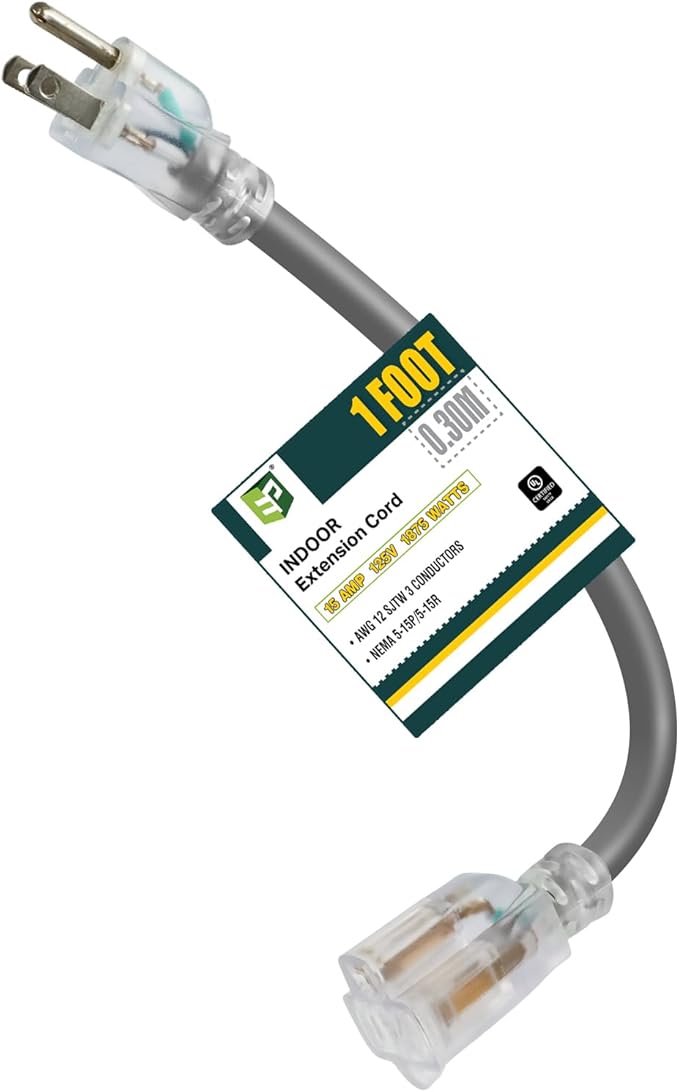 EP 1 Ft Lighted Extension Cord - 12/3 SJTW Heavy Duty Grey Extension Cable with 3 Prong Grounded Plug - Power Cord for Lawn, Garden, Appliances