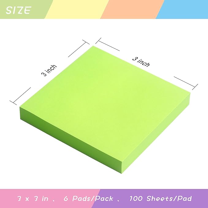 Sticky Notes 3x3 Self-Stick Notes Pads with 6 Bright Colors, Easy to Post for Office, School, Home, 6 Pads/Pack, 100 Sheets/Pad(Green)