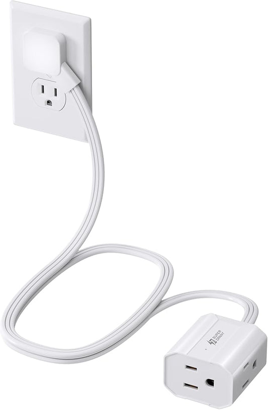 Extension Cord 3ft SUPERDANNY Mini Power Strip Ultra Right Angled Flat Plug for Tight Spaces,Indoor Extension with 3 Outlets,for Office Home Appliances,Non Surge Protector for Travel Cruise,White