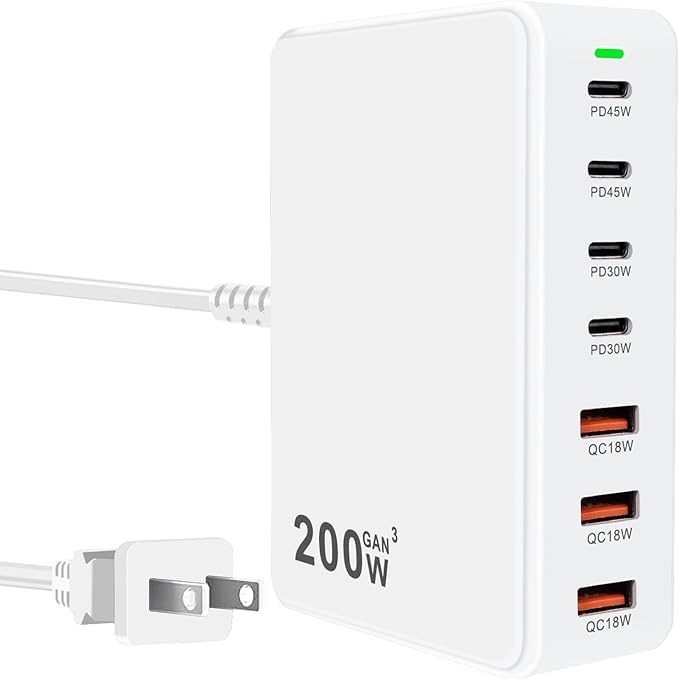 USB Fast Charger Block 200W usbc Charging Block, Upgraded GaN 7-Port Fast Charging Station Hub, USB-C Laptop Charger Adapter, Compatible with MacBookAir/Pro, DELL, iPhone16/15, iPad, Steam (White)
