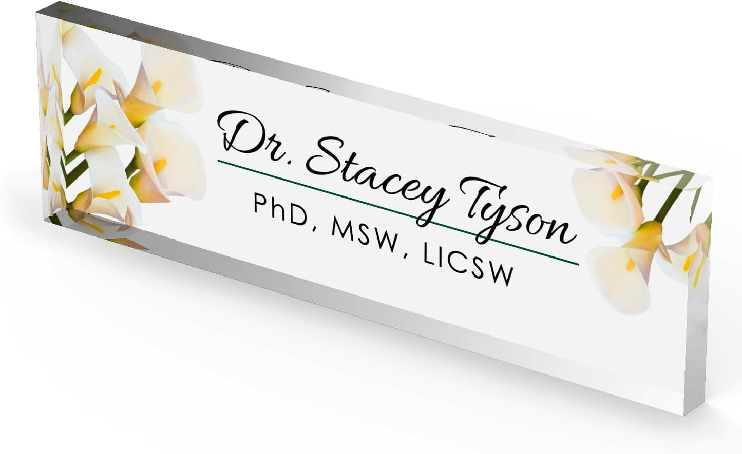 Artblox Personalized Office Desk Name Plate and Business Card Holder | Clear Acrylic Glass with Teak Wood Stand | Calla Flowers Design Customized with Your Name and Credentials Office Desk Decor