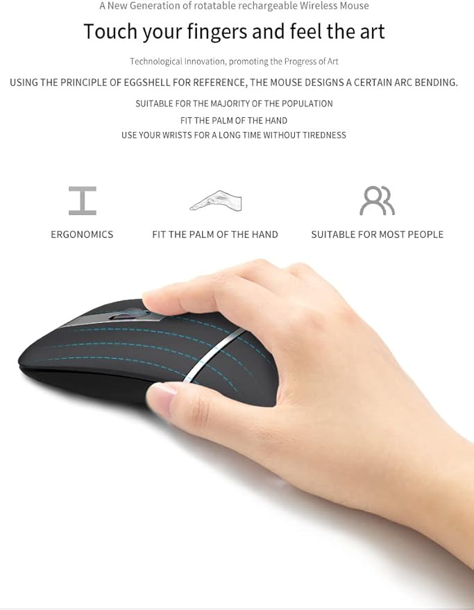 Foldable Arc Wireless Mouse with USB Receiver, Bluetooth 2.4GHz Dual-Mode Rechargeable,180° Rotation, Silent Click, Portable Curved Computer Mouse for PC, Laptop, MacBook (Black)