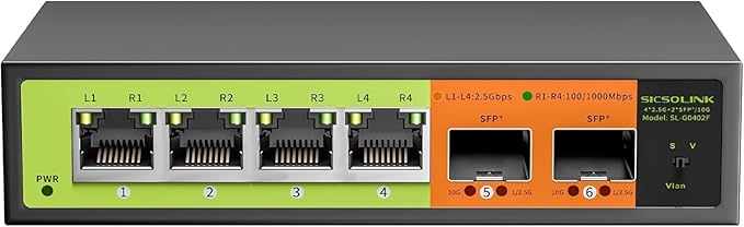 6 Port 2.5Gb Network Switch, 4x2.5G RJ45, 2x10G SFP+, Muti-gigabit, Unmanaged, Metal Case, 60G Bandwidth, Fanless, Compatible with 2.5gbe NAS, PC, AP
