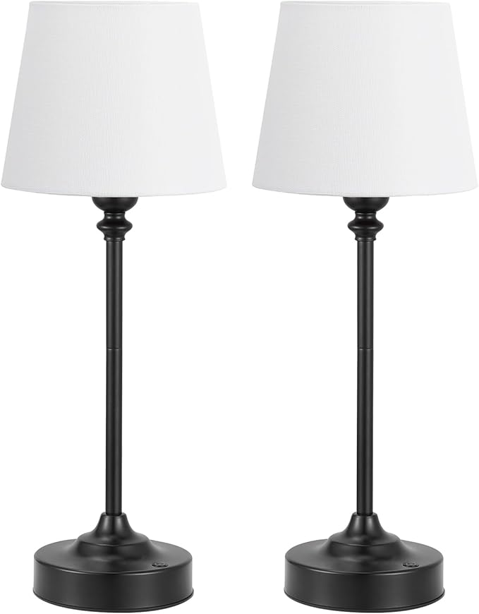 Cordless Table Lamps Rechargeable Set - 2 Pack Black 4000mAH Battery Operated Lamps for Decor, 3000K Stepless Dimming Touch Control Wireless Lamps for Bedroom, Dining Table, Living Room, White Shade