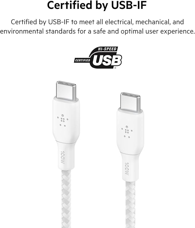 Belkin USB C to USB C Cable 2-Pack, 6.6ft, 100W - Type C Charger, iPhone Charger Cord, Soft, Braided, Flexible for iPhone 17, Galaxy S25, Pixel 10, Airpods, iPad Pro, Tablet & More - White