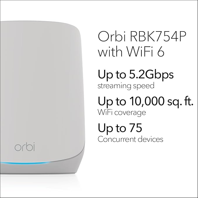 NETGEAR Orbi Whole Home Tri-Band WiFi 6 Mesh Network System (RBK754P) – Router with 3 Satellite Extenders, Security Features, Coverage up to 10,000 sq.ft., 75 Devices, AX5200 (Up to 5.2Gbps)