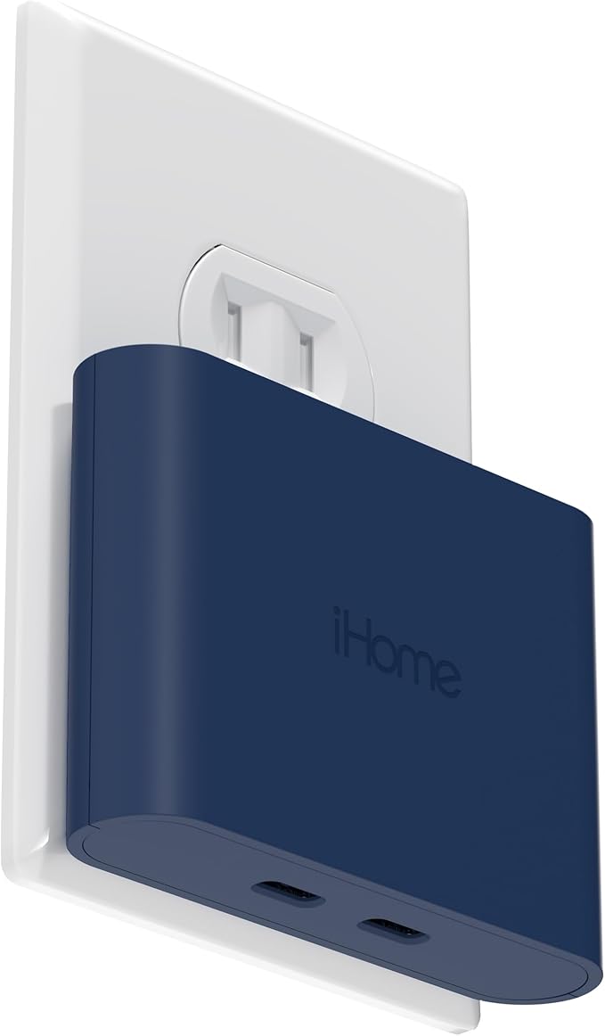 iHome Multiport 40W USB-C Charger, AC Pro 2-Port Flat Block, Dual Fast Charging Wall Adapter