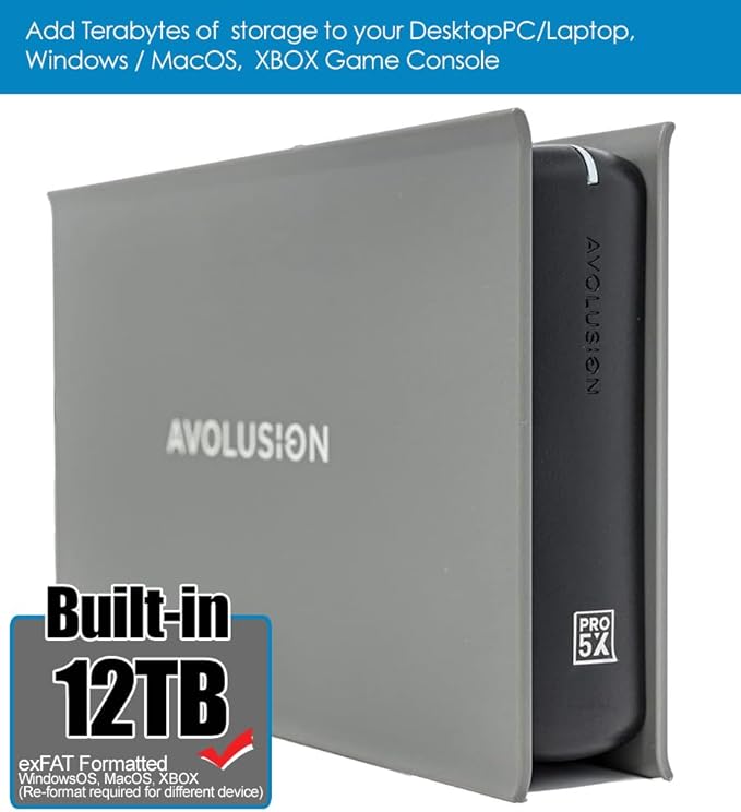 Avolusion PRO-5X (Grey) 12TB USB 3.0 External Hard Drive for PC, Mac, Xbox (Renewed)