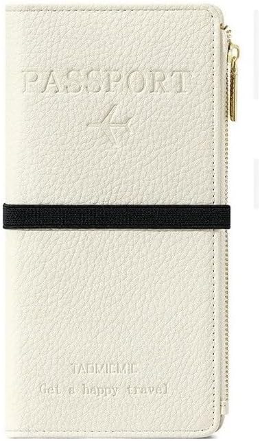 DOB SECHS Passport Holder for Travel Women RFID Blocking Leather Passport Wallet Travel Document Organizer Pouch Bag, Slim Passport Cover Case with Zipper Cash Pocket Purse+Card Slots+ID Window, White