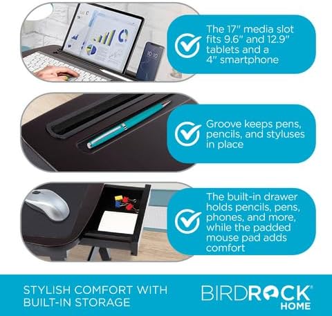 BIRDROCK HOME Curved Wood Lap Tray with Foldout Legs, Storage Drawer, Mouse Pad, Fits Laptops Up to 17", Tablet and Phone Slot, Laptop Table for Sitting or Standing, Work from Home - Walnut